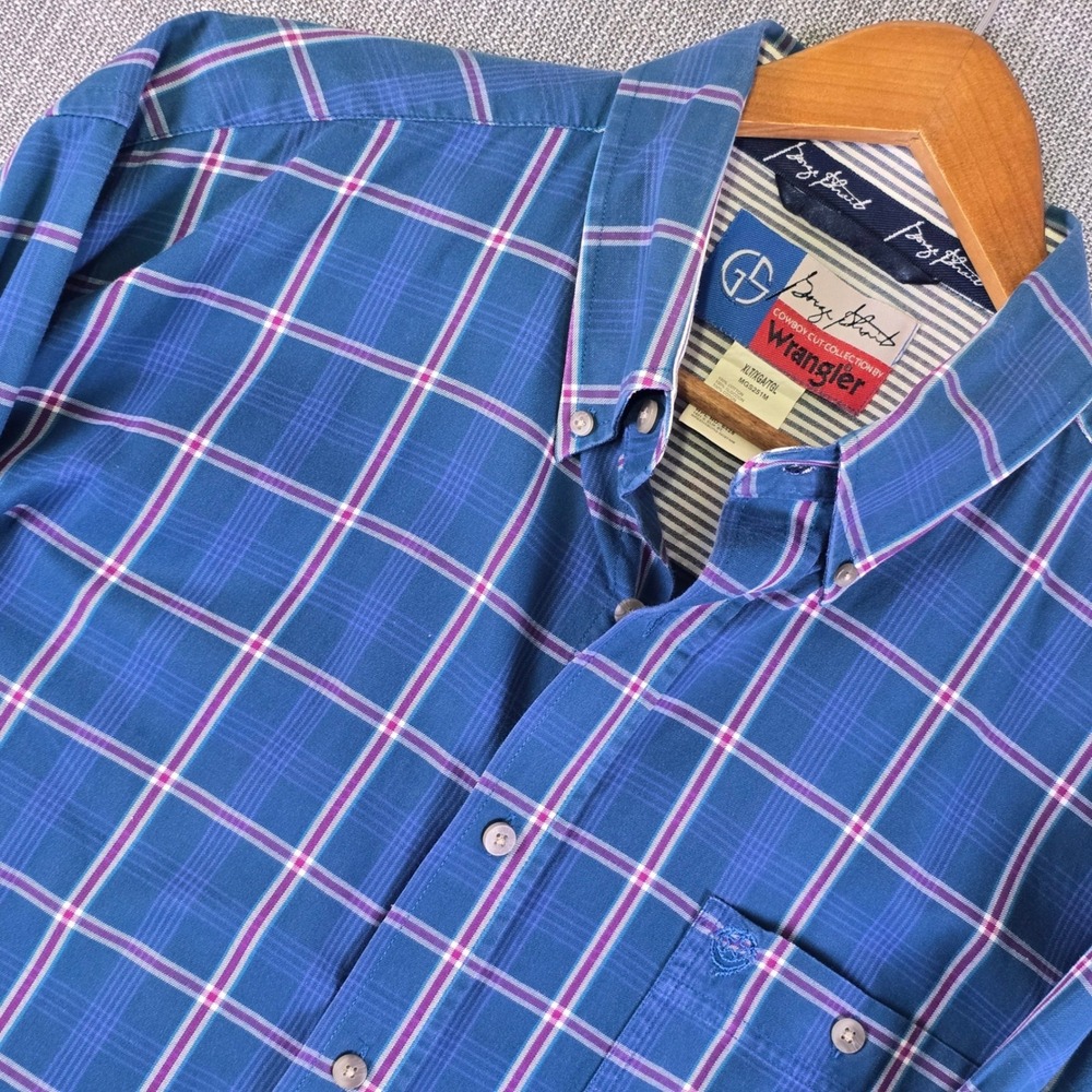 Wrangler George Strait Shirt Mens XLT Blue Pink Plaid Long Sleeve Cowboy Cut